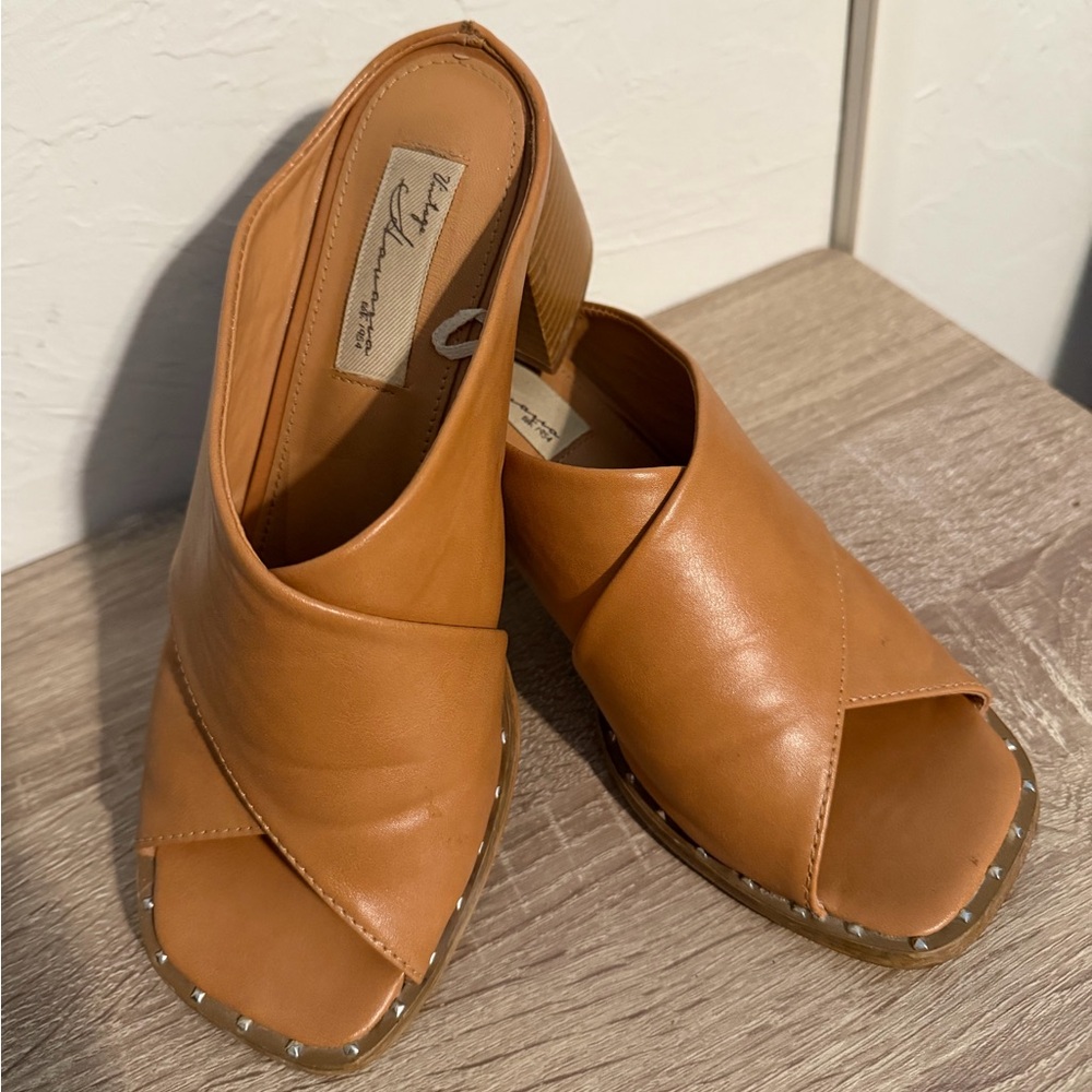 Vintage Havana Leather Peep-Toe Mule with Stud Trim